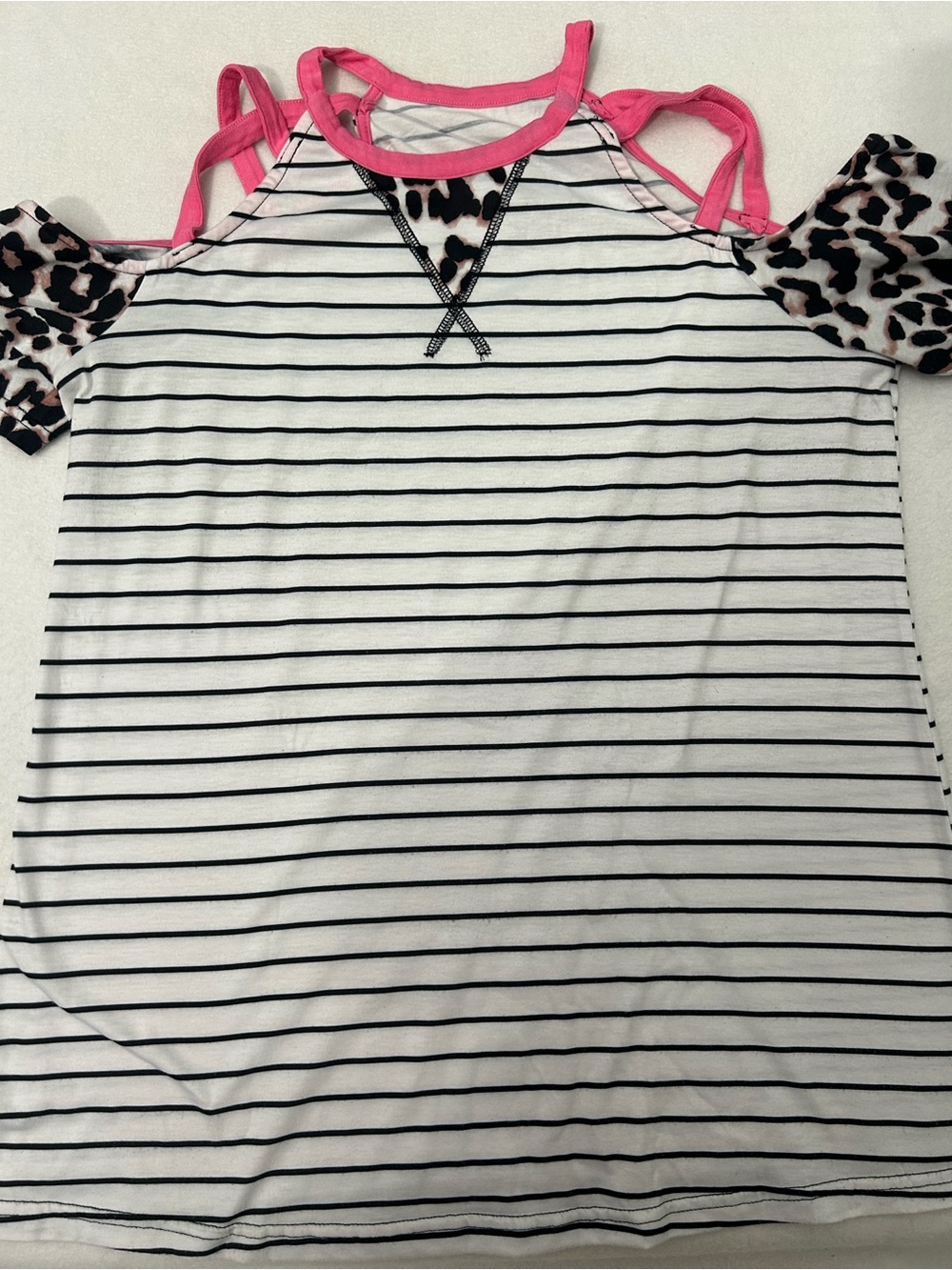 Striped Cold-Shoulder Top with Pink Trim and Leopard Accents